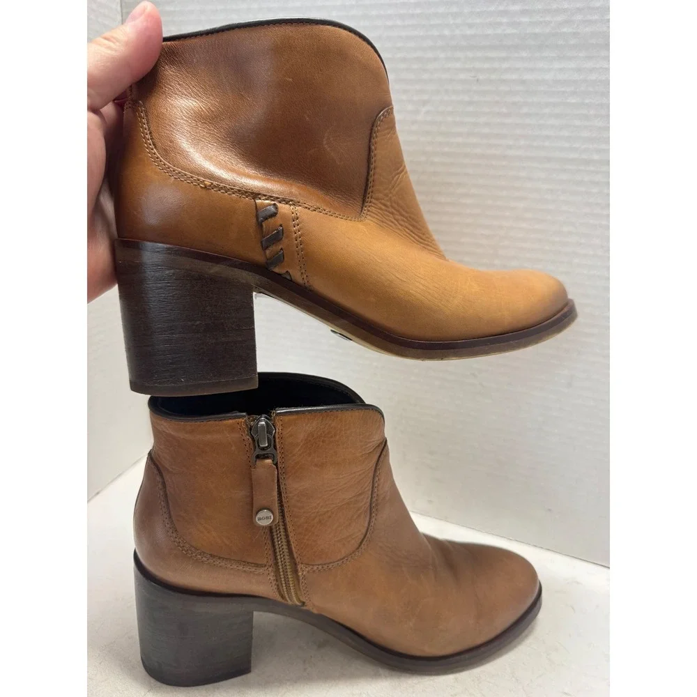 Bosi Tan Brown Leather Ankle Boots Stacked Block Heel Western Booties 38 7.5